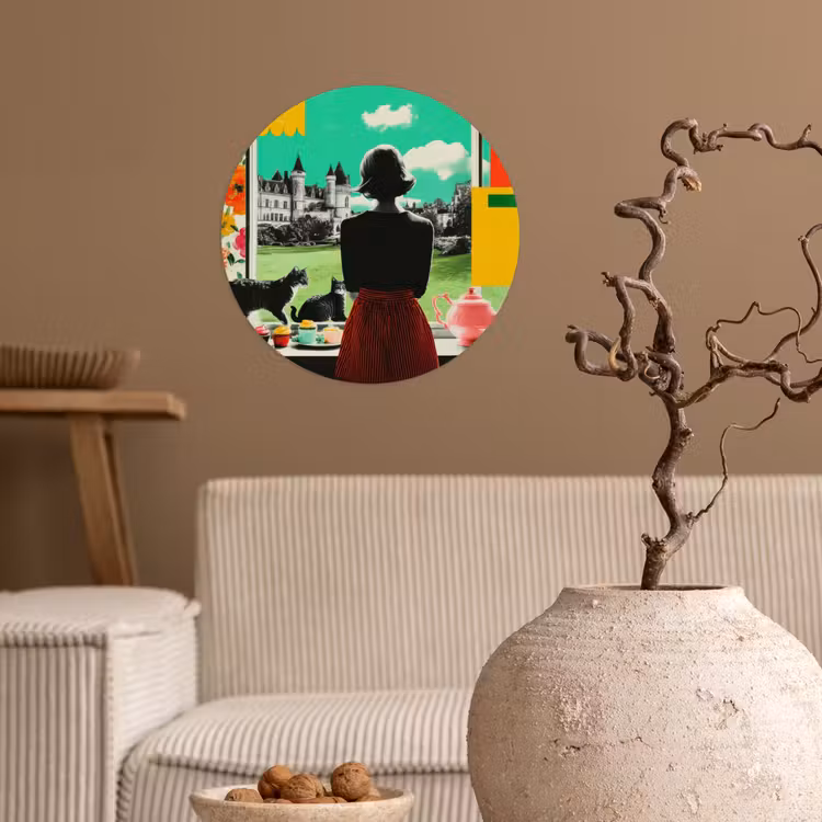Vrouw - Keuken - Katten - Doorkijk Wandcirkel behangsticker klein -sfeer1
