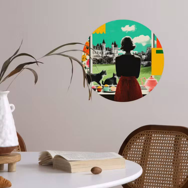 Vrouw - Keuken - Katten - Doorkijk Wandcirkel behangsticker klein -sfeer3