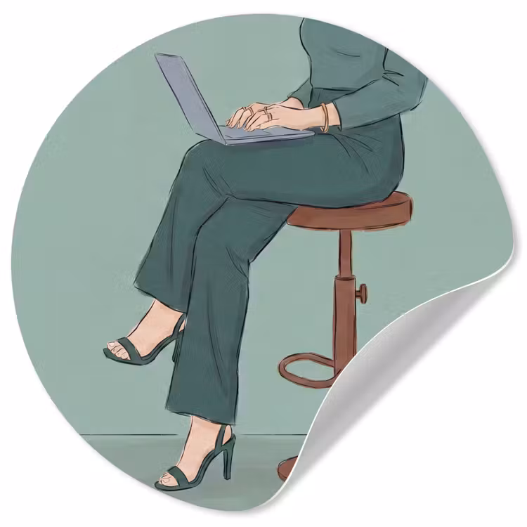 Vrouw - Laptop - Zittend - Illustratie - Groen Wandcirkel behangsticker klein -3d