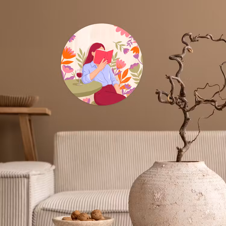 Vrouw - Lezen - Thuis - Modern - Bloemen Wandcirkel behangsticker klein -sfeer1