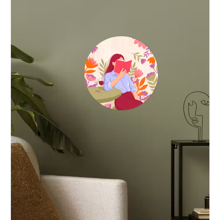 Vrouw - Lezen - Thuis - Modern - Bloemen Wandcirkel behangsticker klein -sfeer2