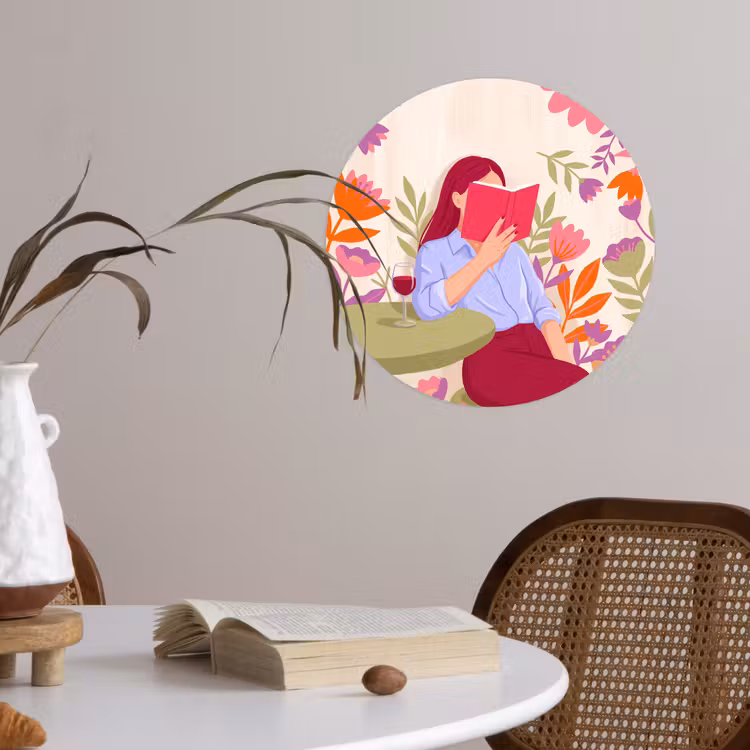 Vrouw - Lezen - Thuis - Modern - Bloemen Wandcirkel behangsticker klein -sfeer3