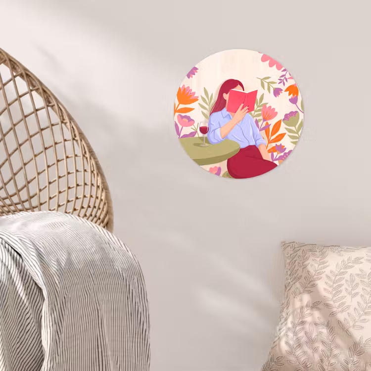 Vrouw - Lezen - Thuis - Modern - Bloemen Wandcirkel behangsticker klein -sfeer4