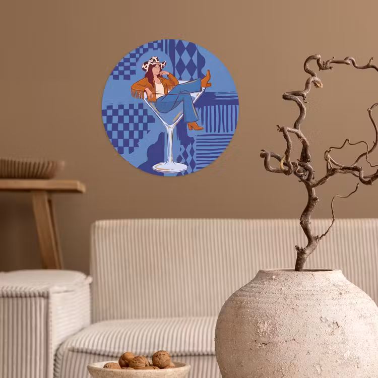 Vrouw - Martini glas - Abstract - Blauw - Kunst Wandcirkel behangsticker klein -sfeer1