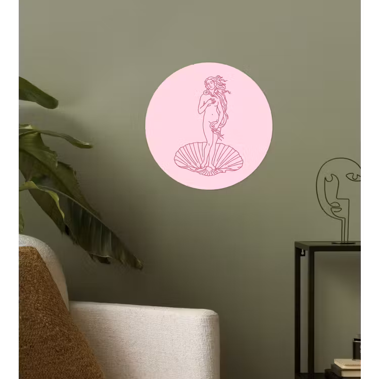 Vrouw - Schelp - Kunst - Lijntekening - Roze Wandcirkel behangsticker klein -sfeer2