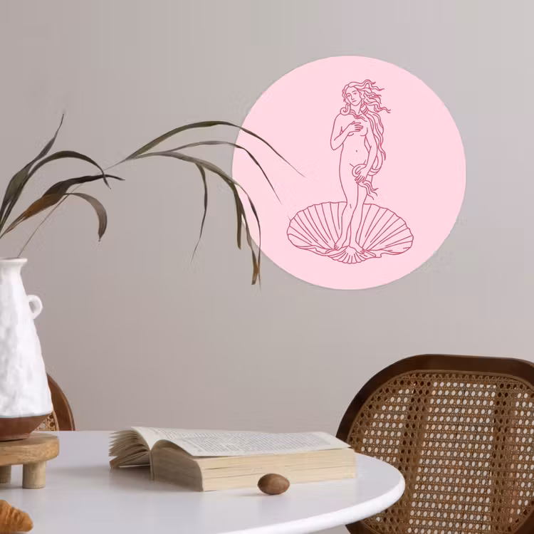 Vrouw - Schelp - Kunst - Lijntekening - Roze Wandcirkel behangsticker klein -sfeer3