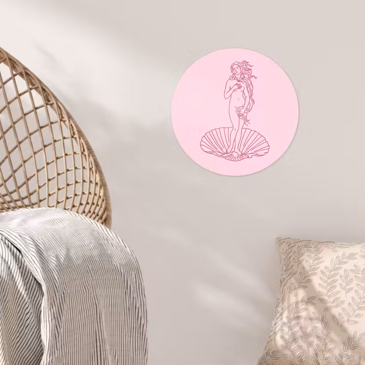 Vrouw - Schelp - Kunst - Lijntekening - Roze Wandcirkel behangsticker klein -sfeer4