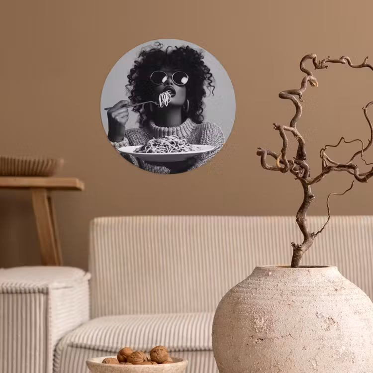 Vrouw - Pasta - Zwart - Wit Wandcirkel behangsticker klein -sfeer1