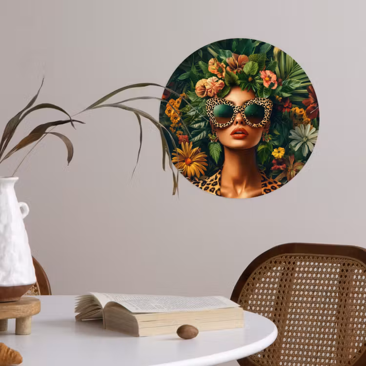 Vrouw - Panterprint - Jungle - Natuur - Luxe Wandcirkel behangsticker klein -sfeer3