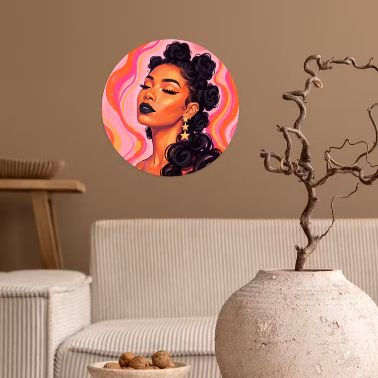 Vrouw - Portret - Abstract - Kleurrijk - Roze Wandcirkel behangsticker klein -sfeer1