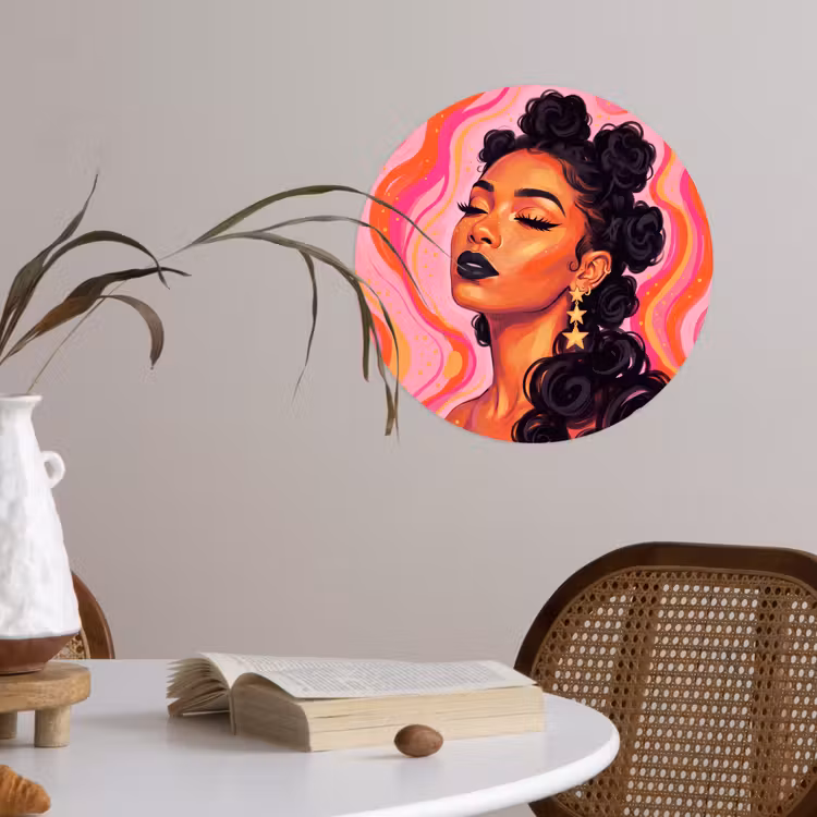 Vrouw - Portret - Abstract - Kleurrijk - Roze Wandcirkel behangsticker klein -sfeer3