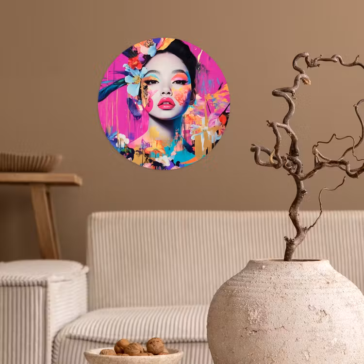 Vrouw - Portret - Abstract - Paars Wandcirkel behangsticker klein -sfeer1