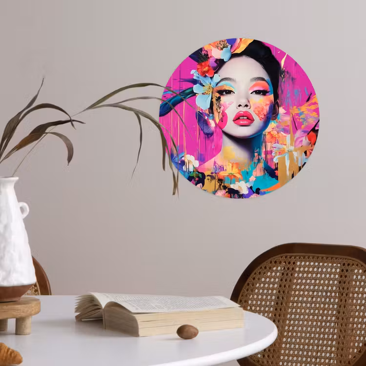 Vrouw - Portret - Abstract - Paars Wandcirkel behangsticker klein -sfeer3