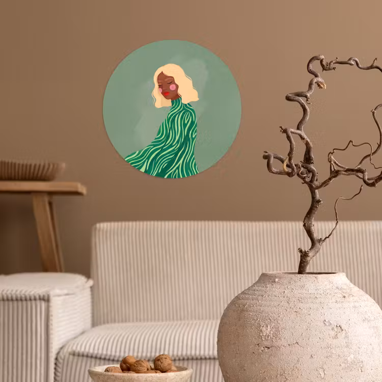 Vrouw - Portret - Illustratie - Modern - Groen Wandcirkel behangsticker klein -sfeer1