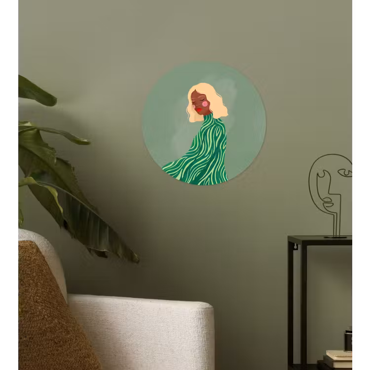 Vrouw - Portret - Illustratie - Modern - Groen Wandcirkel behangsticker klein -sfeer2