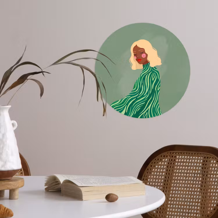 Vrouw - Portret - Illustratie - Modern - Groen Wandcirkel behangsticker klein -sfeer3