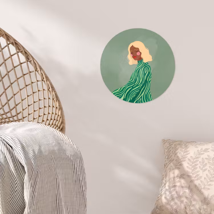 Vrouw - Portret - Illustratie - Modern - Groen Wandcirkel behangsticker klein -sfeer4