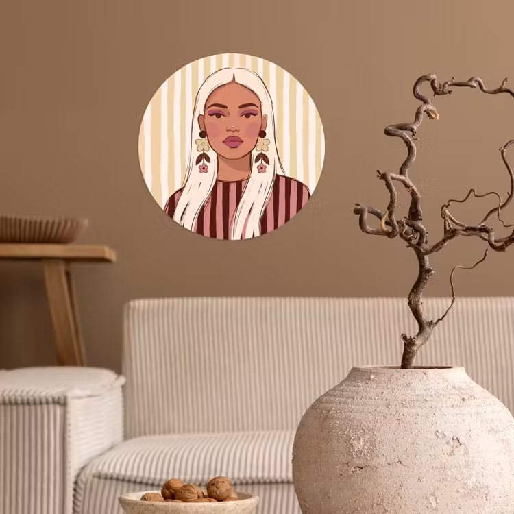 Vrouw - Portret - Illustratie - Modern - Roze Wandcirkel behangsticker klein -sfeer1