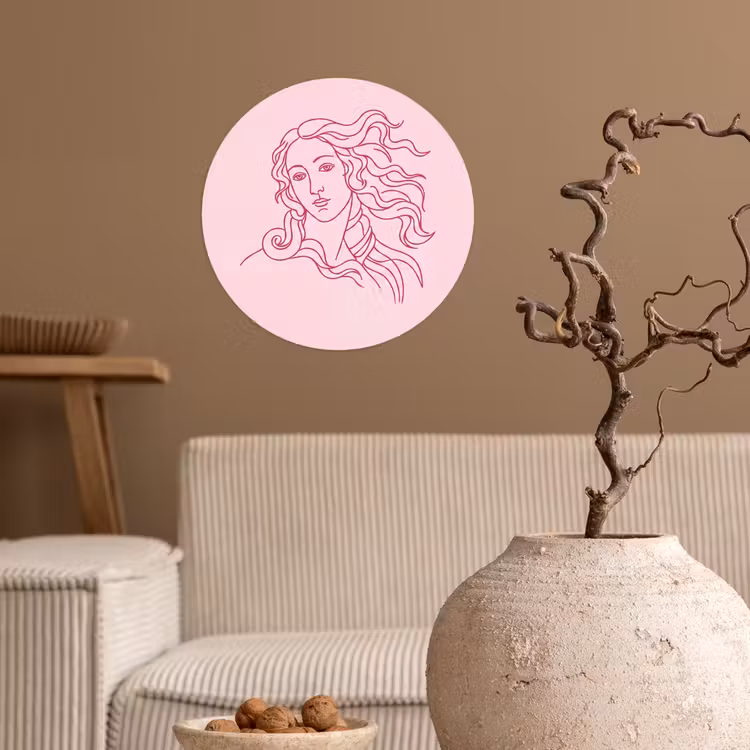 Vrouw - Portret - Klassiek - Line-art - Roze Wandcirkel behangsticker klein -sfeer1
