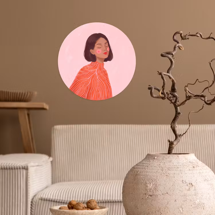 Vrouw - Portret - Modern - Kunst - Roze Wandcirkel behangsticker klein -sfeer1