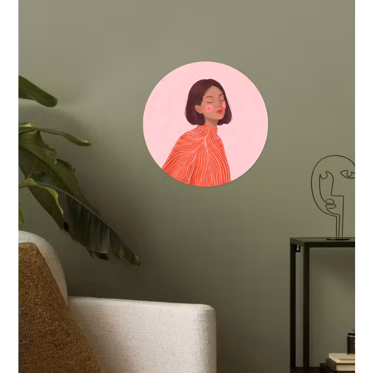 Vrouw - Portret - Modern - Kunst - Roze Wandcirkel behangsticker klein -sfeer2