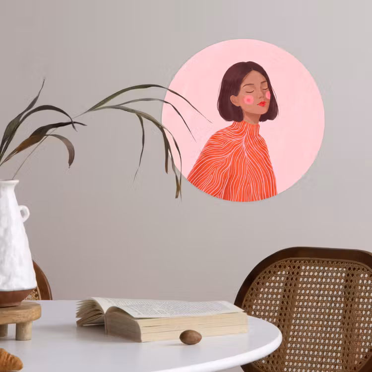 Vrouw - Portret - Modern - Kunst - Roze Wandcirkel behangsticker klein -sfeer3