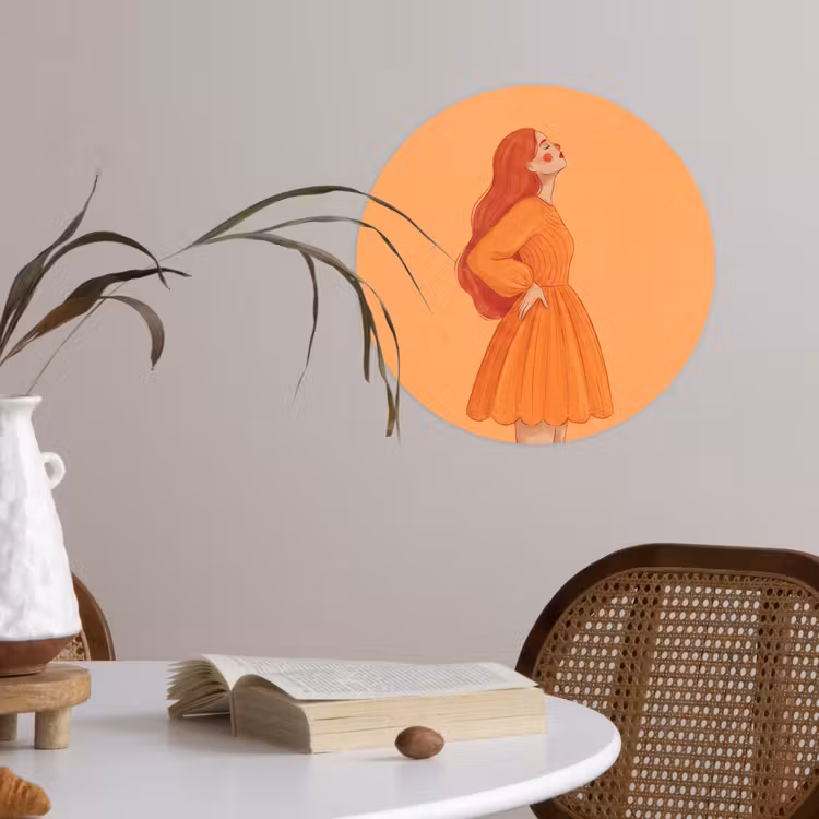 Vrouw - Profiel - Mensen - Modern - Oranje Wandcirkel behangsticker klein -sfeer3