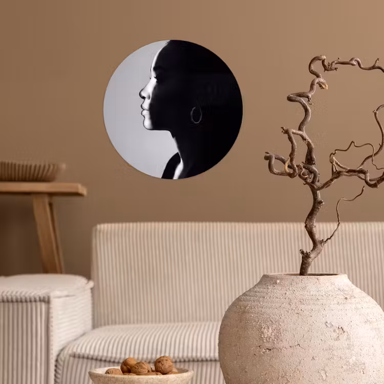 Vrouw - Profiel - Mensen - Zwart-wit Wandcirkel behangsticker klein -sfeer1