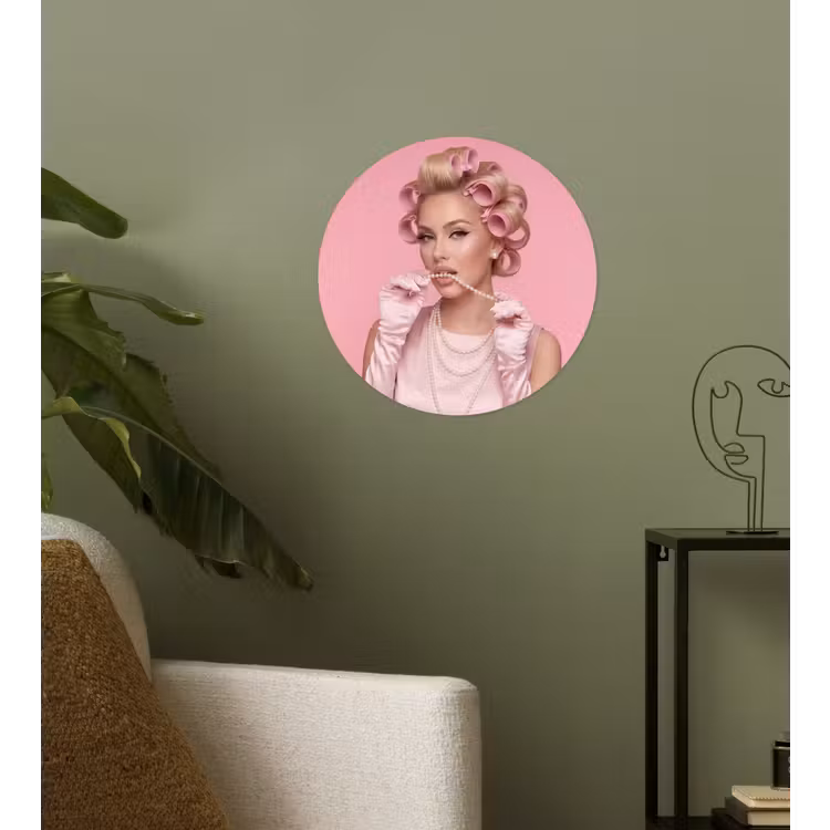 Vrouw - Roze - Parelketting - Krulspelden Wandcirkel behangsticker klein -sfeer2
