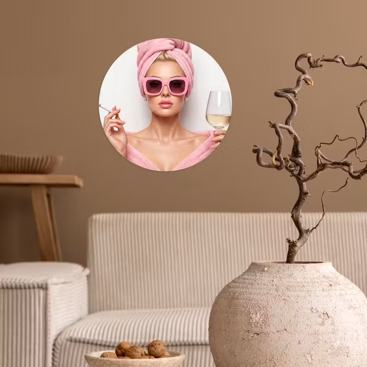 Vrouw - Roze - Wijn - Zonnebril Wandcirkel behangsticker klein -sfeer1