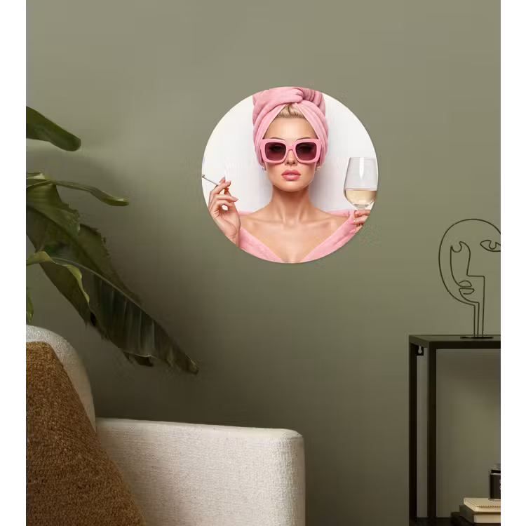 Vrouw - Roze - Wijn - Zonnebril Wandcirkel behangsticker klein -sfeer2