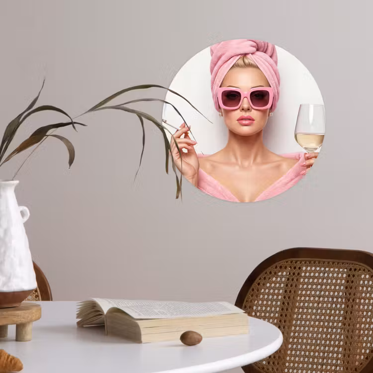 Vrouw - Roze - Wijn - Zonnebril Wandcirkel behangsticker klein -sfeer3
