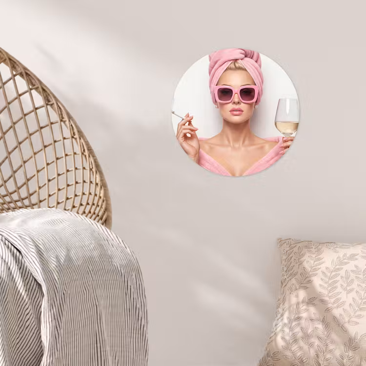 Vrouw - Roze - Wijn - Zonnebril Wandcirkel behangsticker klein -sfeer4