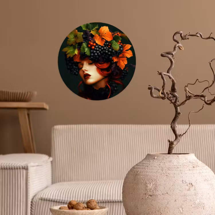 Vrouw - Rood - Groen - Druiven Wandcirkel behangsticker klein -sfeer1