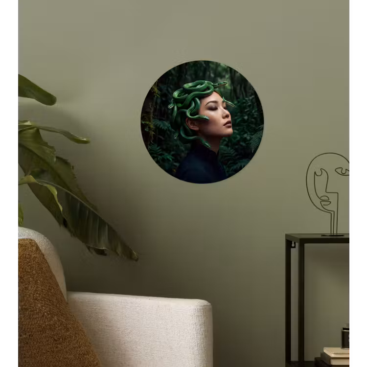 Vrouw - Slang - Natuur - Mystiek - Groen Wandcirkel behangsticker klein -sfeer2