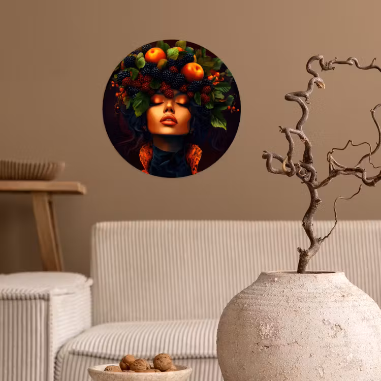 Vrouw - Zwart - Bessen - Bramen - Appels Wandcirkel behangsticker klein -sfeer1