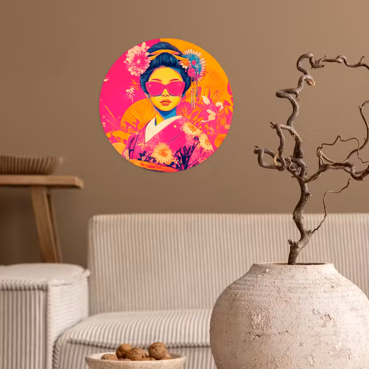 Vrouw - Zonnebril - Abstract - Oranje Wandcirkel behangsticker klein -sfeer1