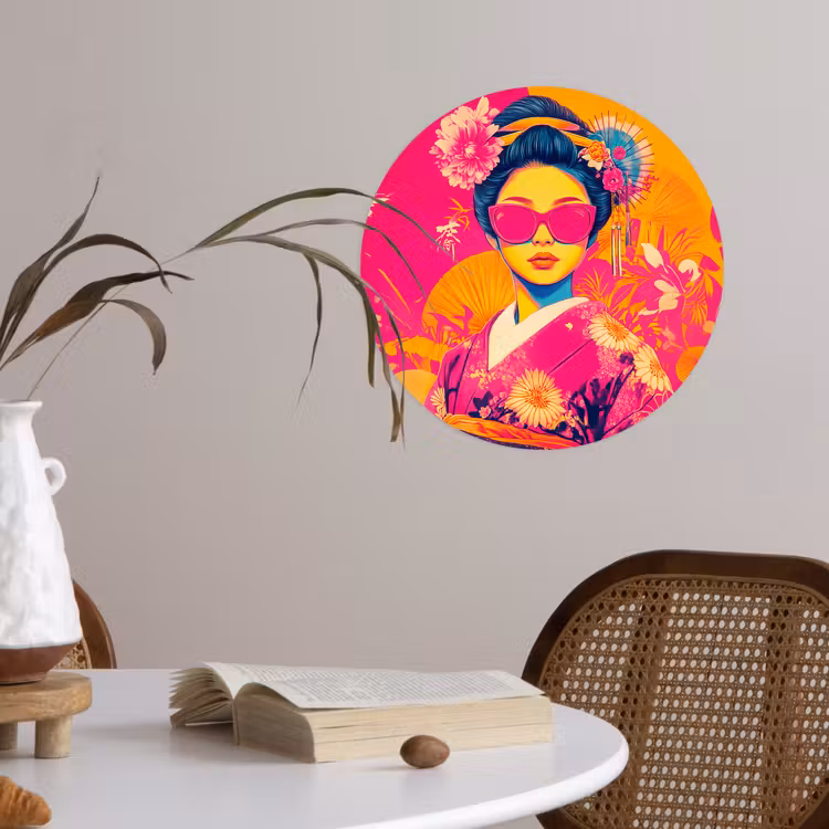 Vrouw - Zonnebril - Abstract - Oranje Wandcirkel behangsticker klein -sfeer3