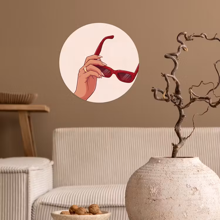 Vrouw - Zonnebril - Mode - Rood - Illustratie Wandcirkel behangsticker klein -sfeer1