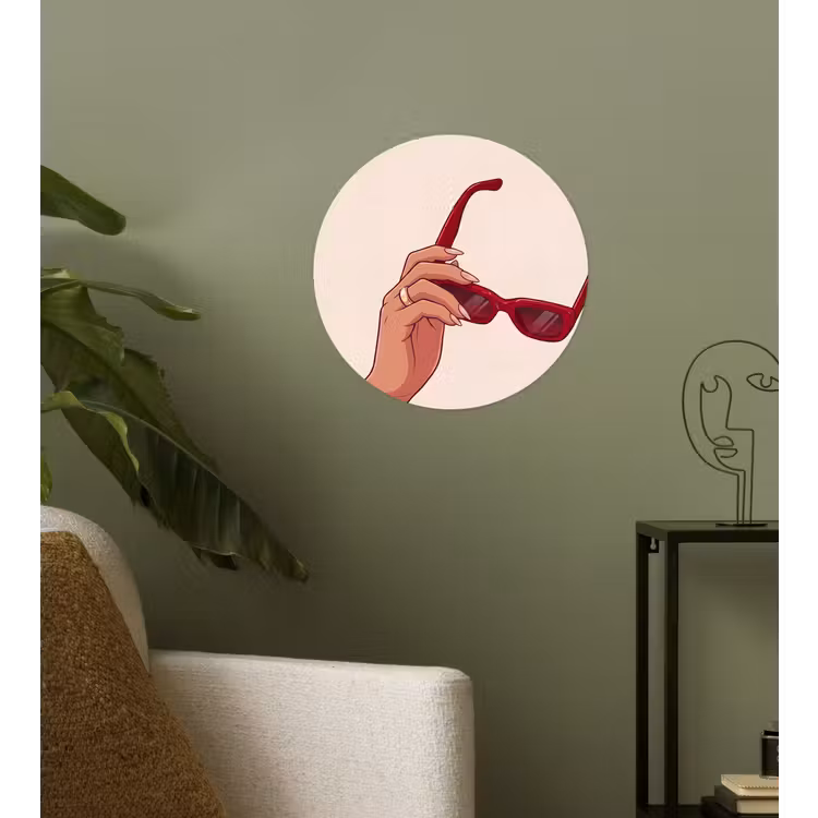 Vrouw - Zonnebril - Mode - Rood - Illustratie Wandcirkel behangsticker klein -sfeer2