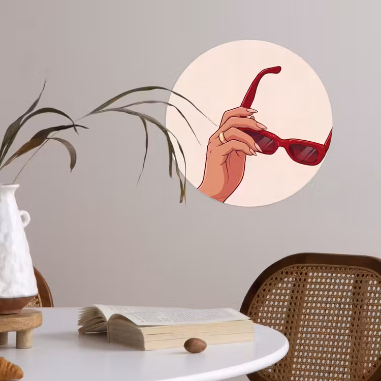 Vrouw - Zonnebril - Mode - Rood - Illustratie Wandcirkel behangsticker klein -sfeer3