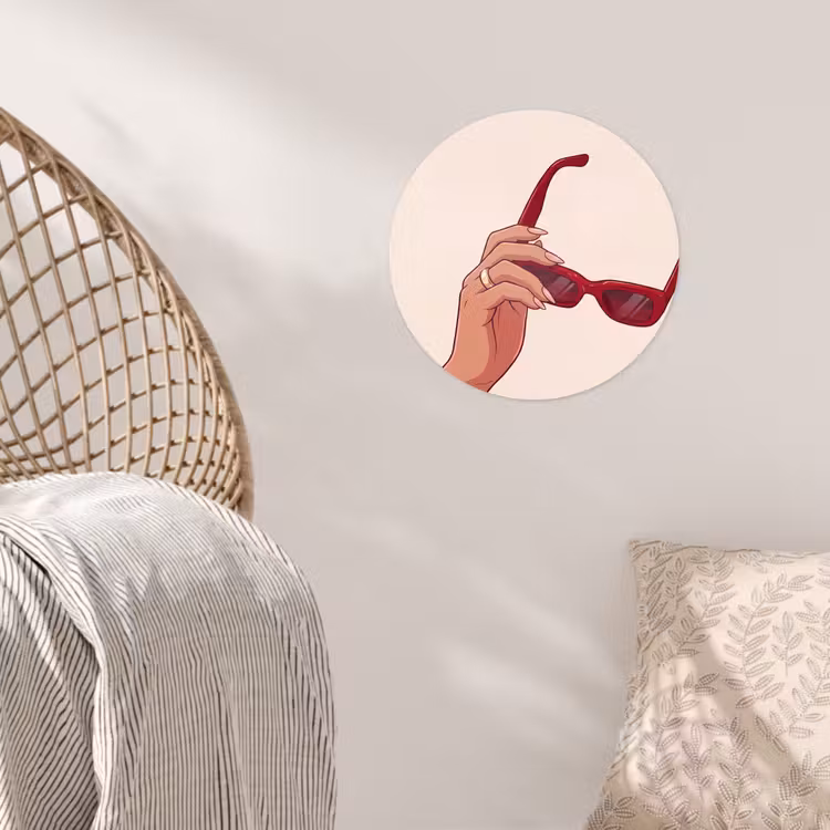 Vrouw - Zonnebril - Mode - Rood - Illustratie Wandcirkel behangsticker klein -sfeer4