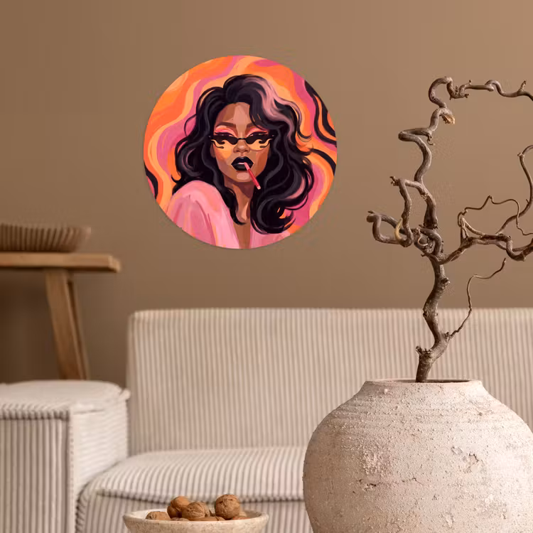 Vrouw - Zonnebril - Modern - Portret - Oranje Wandcirkel behangsticker klein -sfeer1