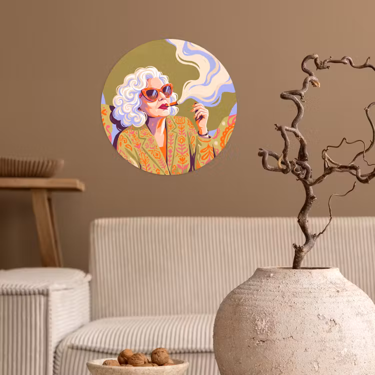 Vrouw - Zonnebril - Portret - Modern - Kleurrijk Wandcirkel behangsticker klein -sfeer1