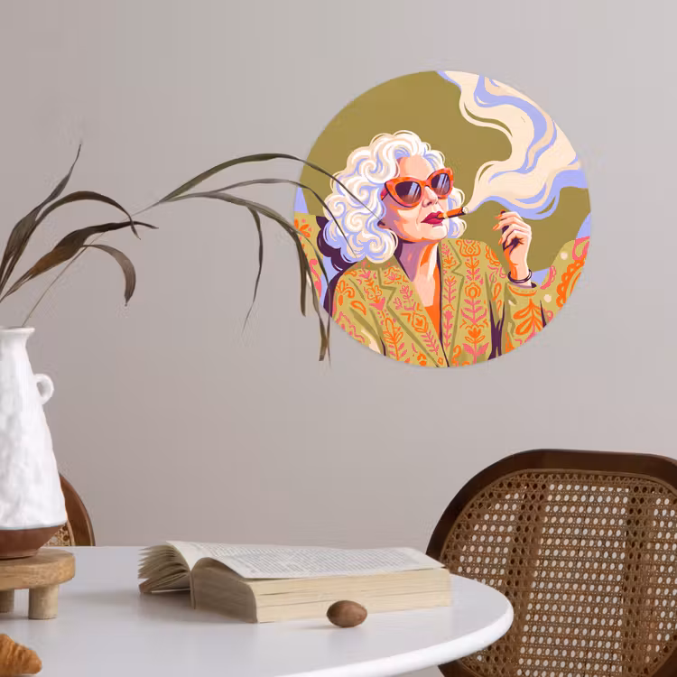 Vrouw - Zonnebril - Portret - Modern - Kleurrijk Wandcirkel behangsticker klein -sfeer3