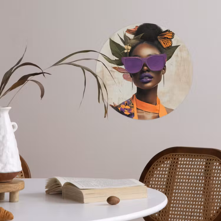 Vrouw - Zonnebril - Vlinder - Bloemen Wandcirkel behangsticker klein -sfeer3