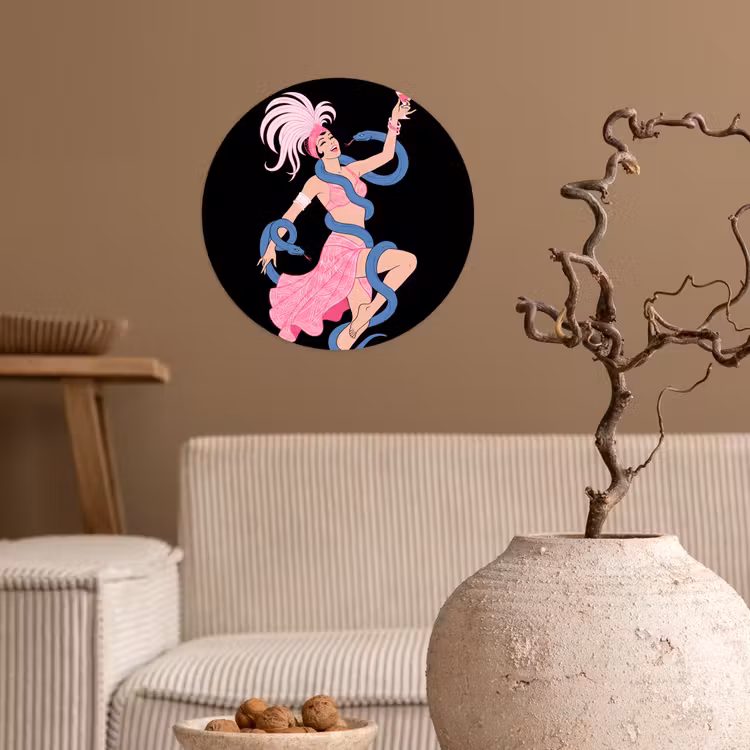 Vrouw - Danseres - Slangen - Art Deco - Roze Wandcirkel behangsticker klein -sfeer1