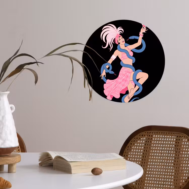 Vrouw - Danseres - Slangen - Art Deco - Roze Wandcirkel behangsticker klein -sfeer3