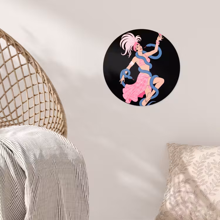 Vrouw - Danseres - Slangen - Art Deco - Roze Wandcirkel behangsticker klein -sfeer4