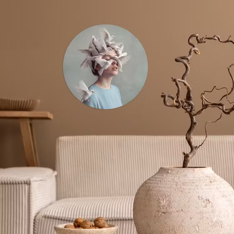Vrouw - Vogels - Abstract - Modern - Wit Wandcirkel behangsticker klein -sfeer1